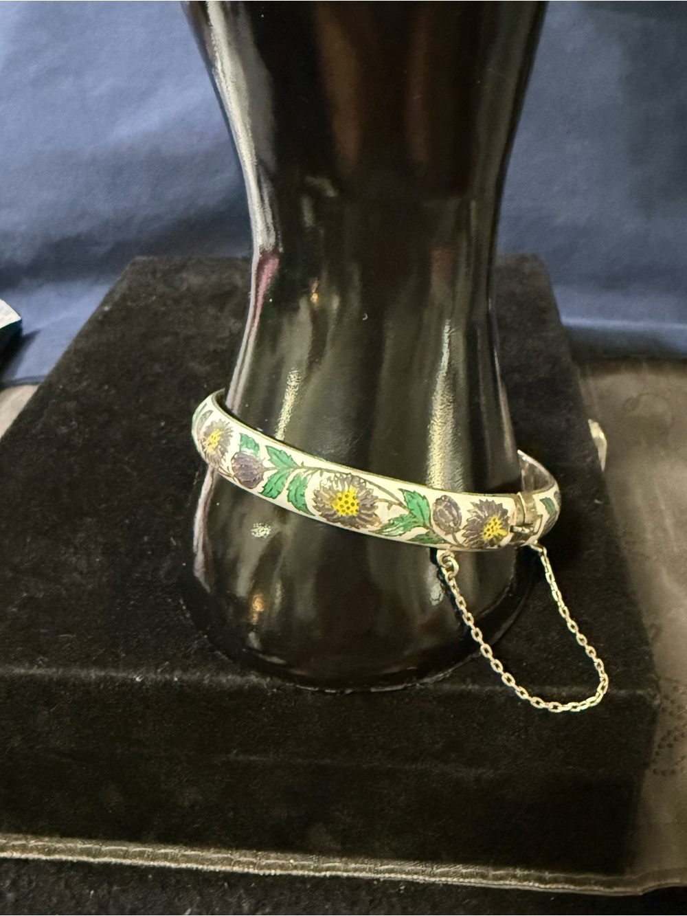 VTG Sterling Silver & Floral Enamel Bangle Bracelet